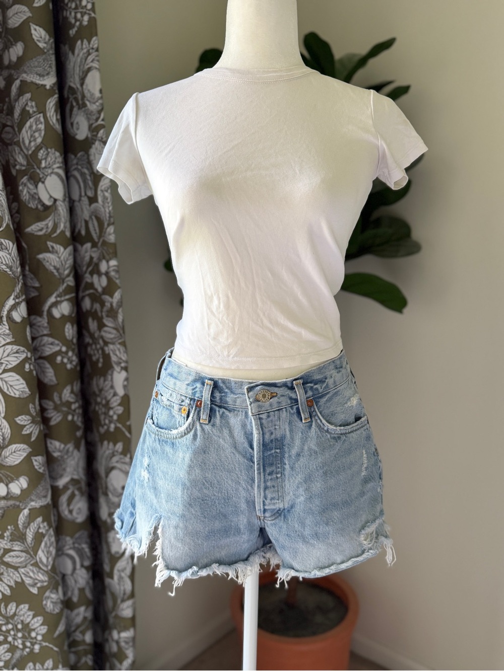 Agolde Parker Light Blue Denim Shorts with Contrast Gold Stitching
